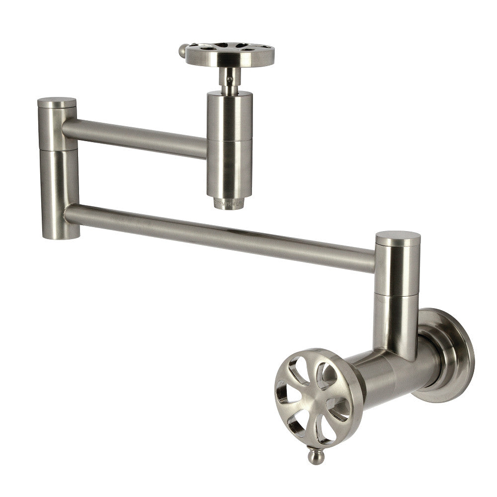 Kingston Brass KS8103RX Belknap Wall Mount Pot Filler Faucet, Antique Brass in brushed nickel finish.