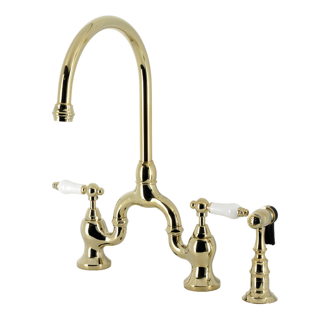 Kingston KS7793PLBS English Country Bridge Kitchen Faucet with Brass Sprayer, Antique Brass design with polished brass finish.