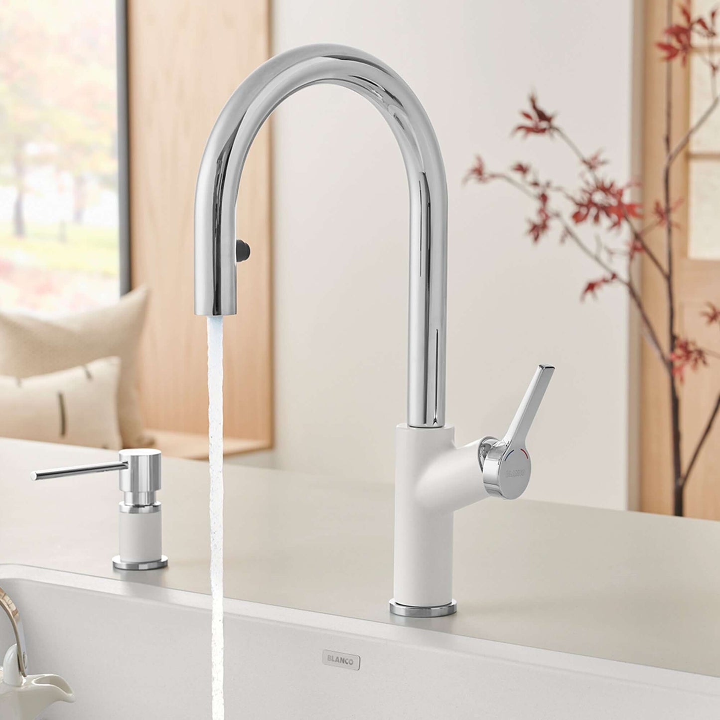BLANCO Urbena Pull-Down Dual-Spray Kitchen Faucet with contemporary design and pull-down spray feature.