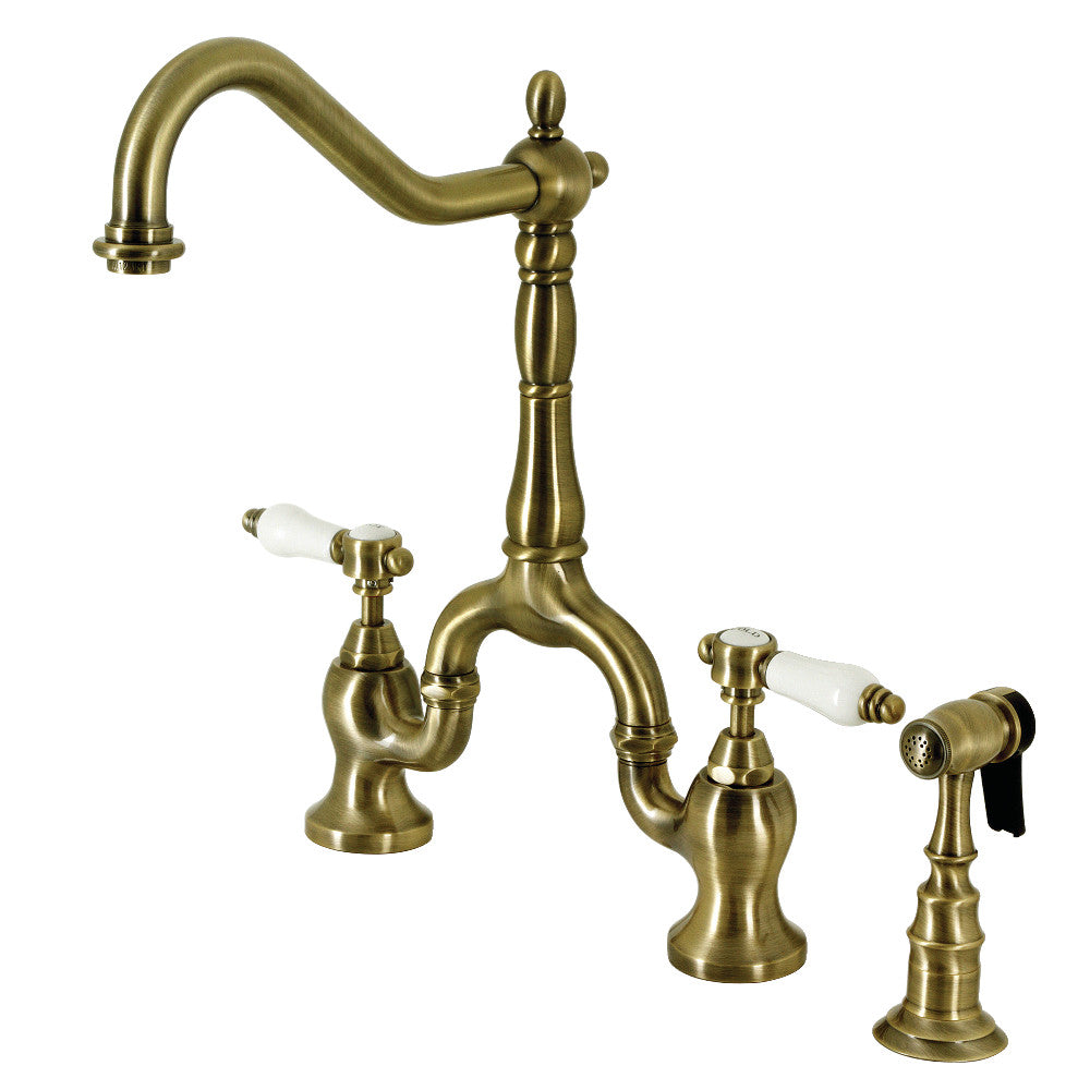 Kingston KS7753BPLBS Bel-Air Bridge Kitchen Faucet with Brass Sprayer, Antique Brass