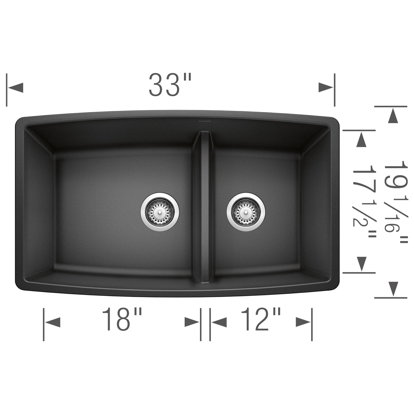 BLANCO Performa SILGRANIT 33" 60/40 Double Bowl Undermount Kitchen Sink with Low Divide dimensions and design.