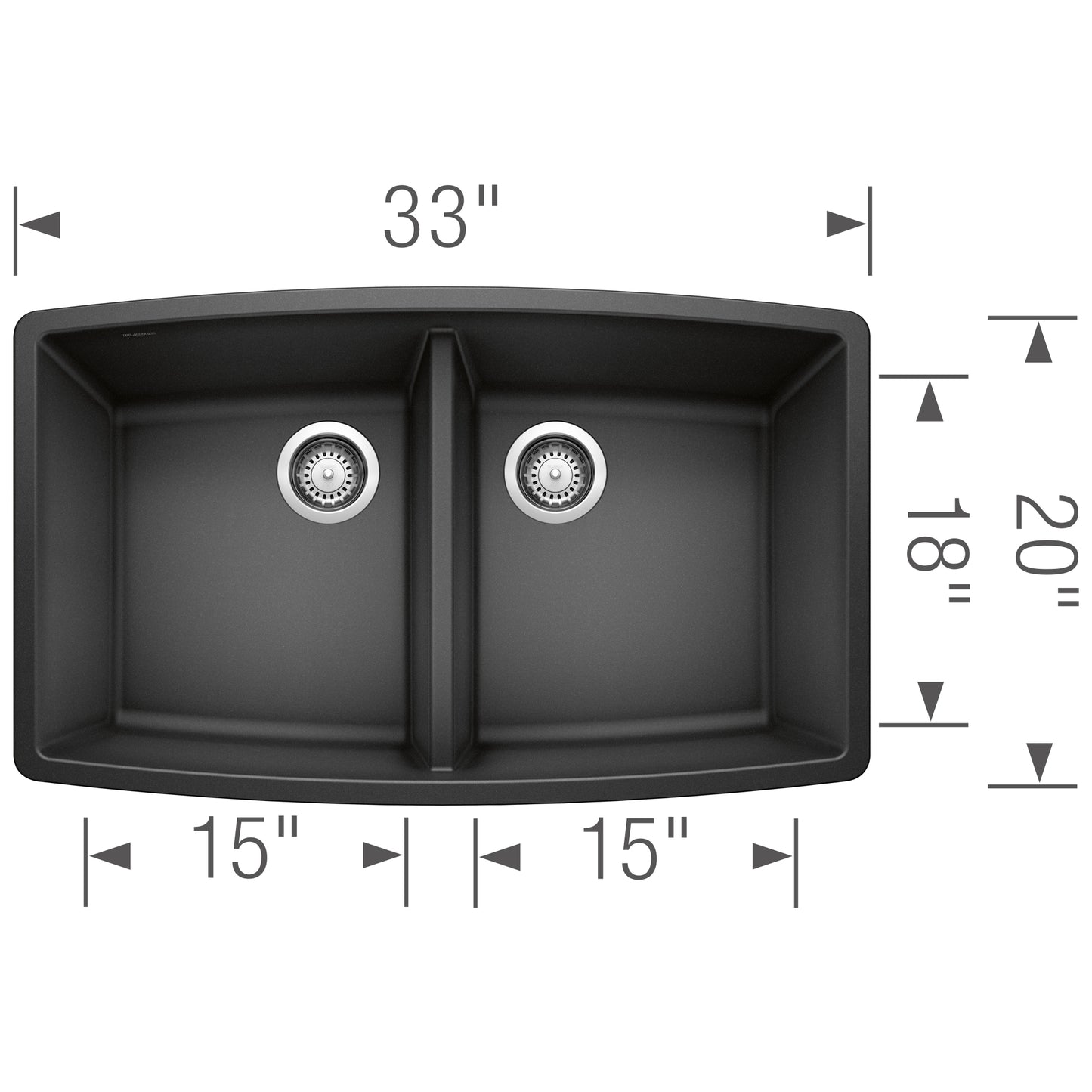 Top view of the BLANCO Performa SILGRANIT 33" 50/50 Double Bowl Undermount Kitchen Sink with dimensions.