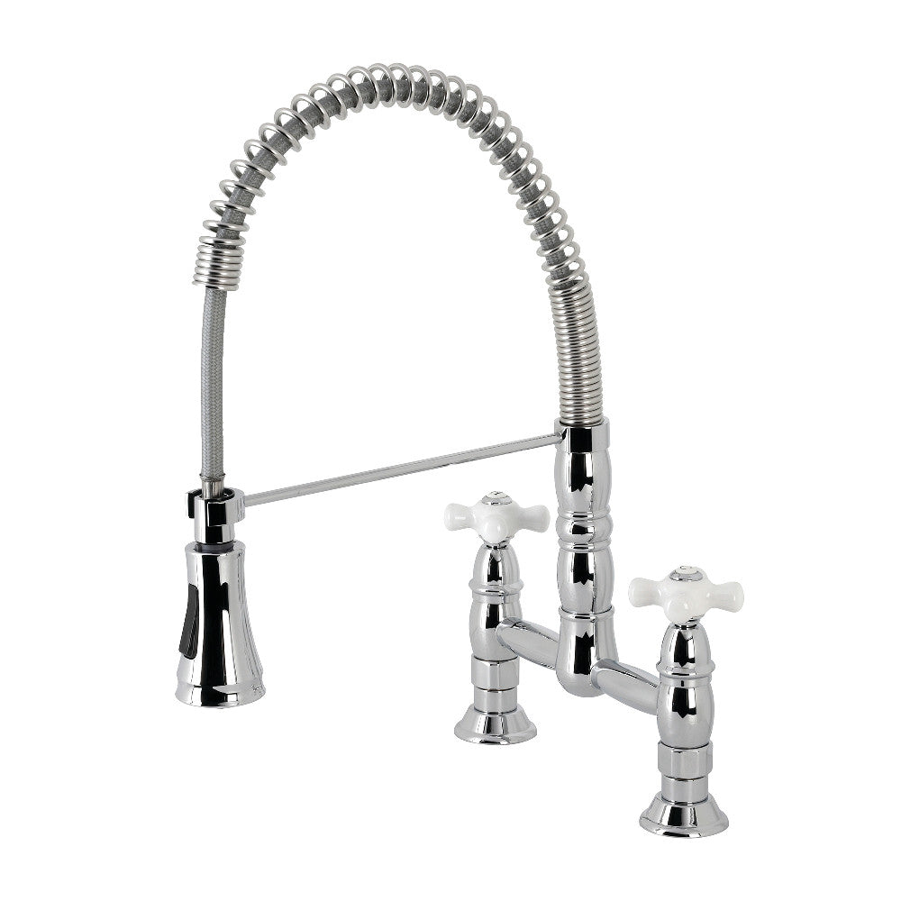 Gourmetier GS1273PX Heritage Double-Handle Deck-Mount Pre-Rinse Bridge Kitchen Faucet, Antique Brass in polished chrome finish.