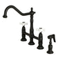 Kingston Brass Heritage Bridge Kitchen Faucet with Brass Sprayer and Cross Handles in Matte Black finish.