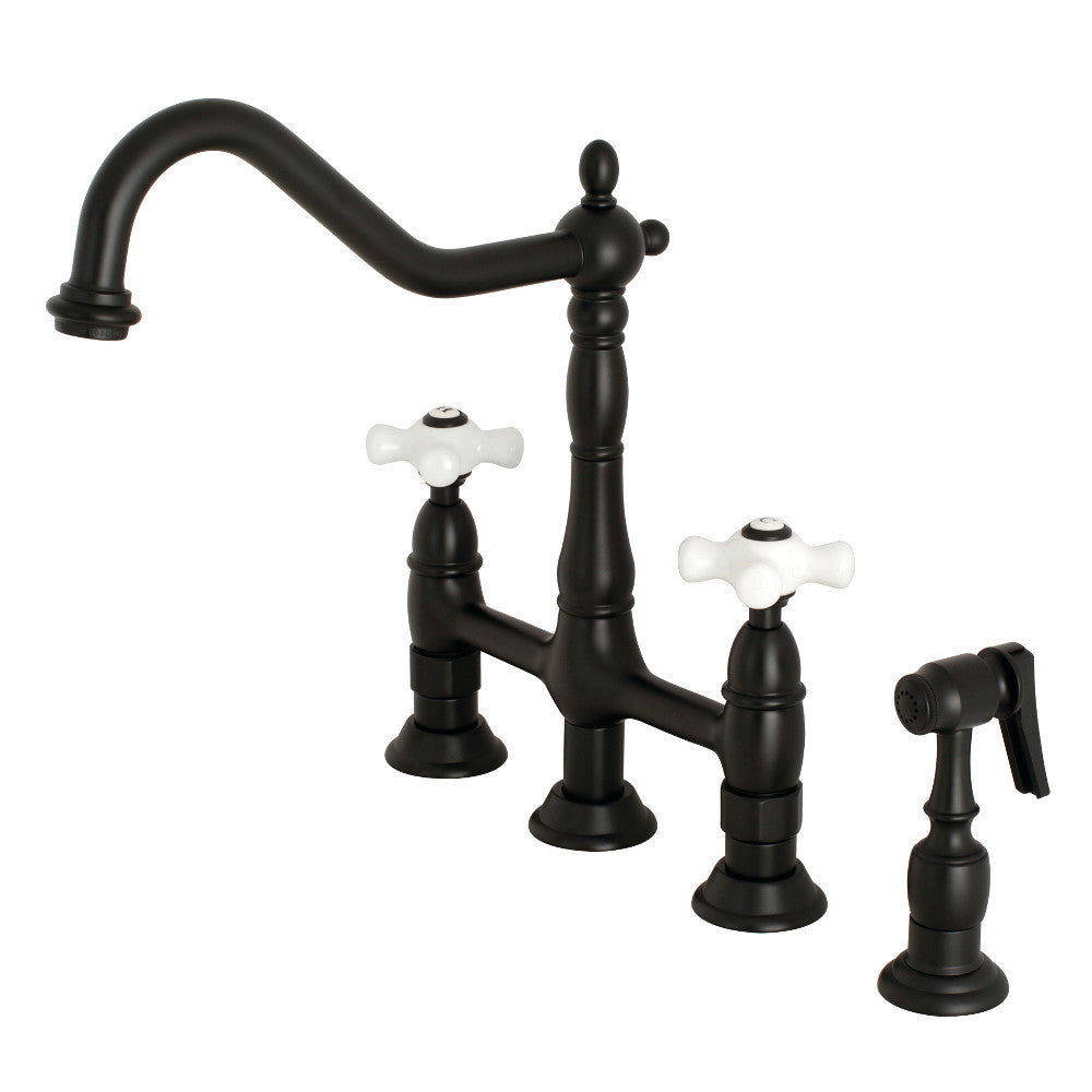 Kingston Brass Heritage Bridge Kitchen Faucet with Brass Sprayer and Cross Handles in Matte Black finish.