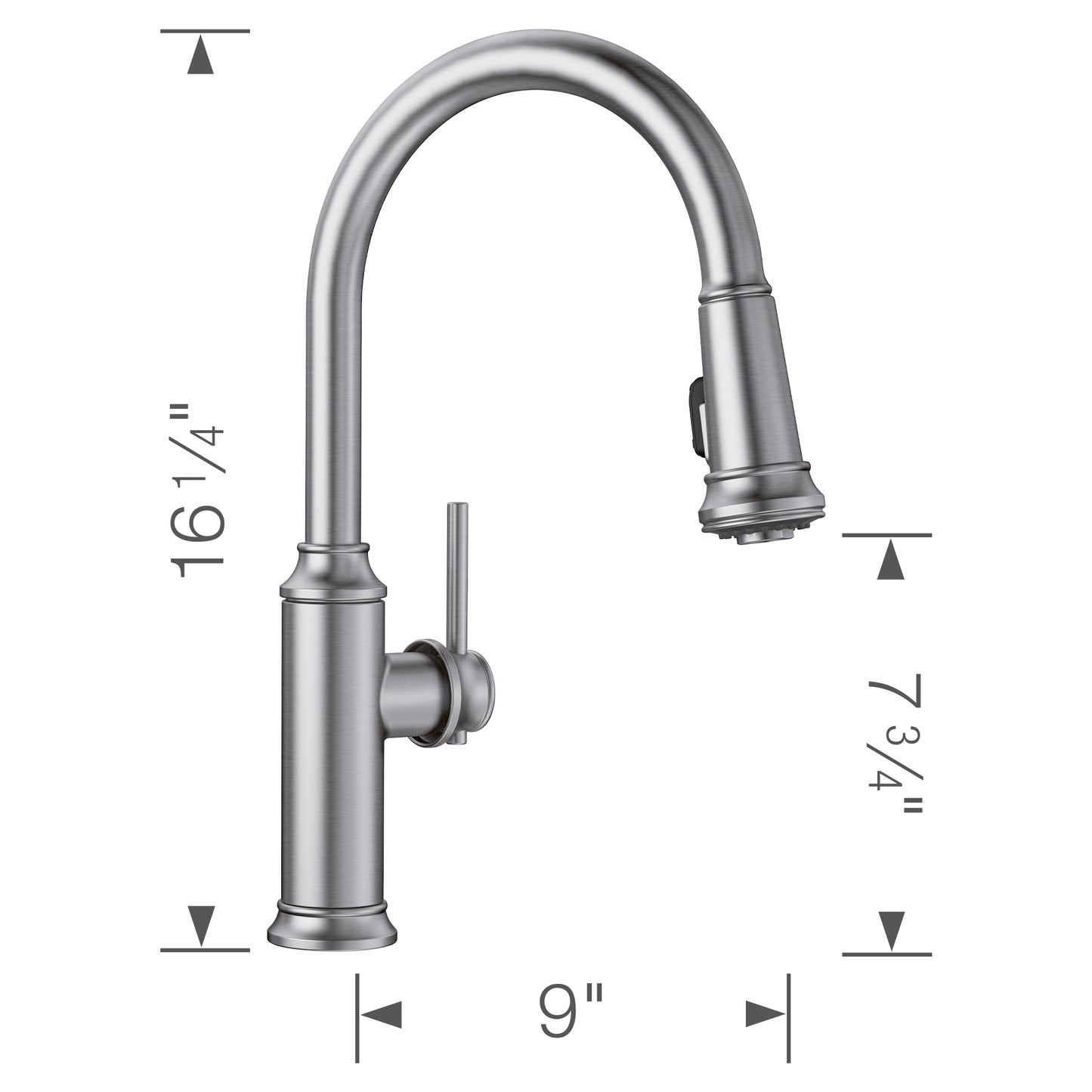 BLANCO Empressa High Arc Pull-Down Dual-Spray Kitchen Faucet with dimensions 16 1/4 inches height, 9-inch reach.