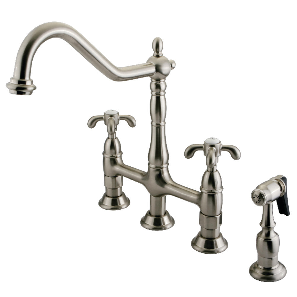 Kingston KS1277TXBS French Country Bridge Kitchen Faucet with Brass Sprayer, Brushed Brass