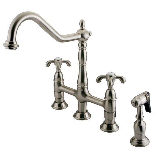Kingston KS1277TXBS French Country Bridge Kitchen Faucet with Brass Sprayer, Brushed Brass