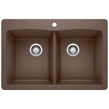 BLANCO Diamond SILGRANIT 33" 50/50 Double Bowl Dual Mount Kitchen Sink in brown finish.