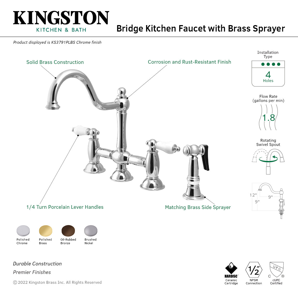 Kingston KS3798PLBS Restoration Bridge Kitchen Faucet with Brass Sprayer, Brushed Nickel - Chrome finish with solid brass construction