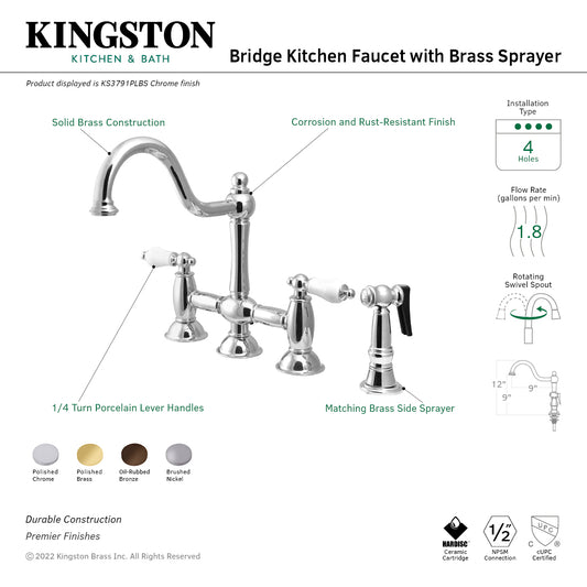 Kingston KS3798PLBS Restoration Bridge Kitchen Faucet with Brass Sprayer, Brushed Nickel - Chrome finish with solid brass construction