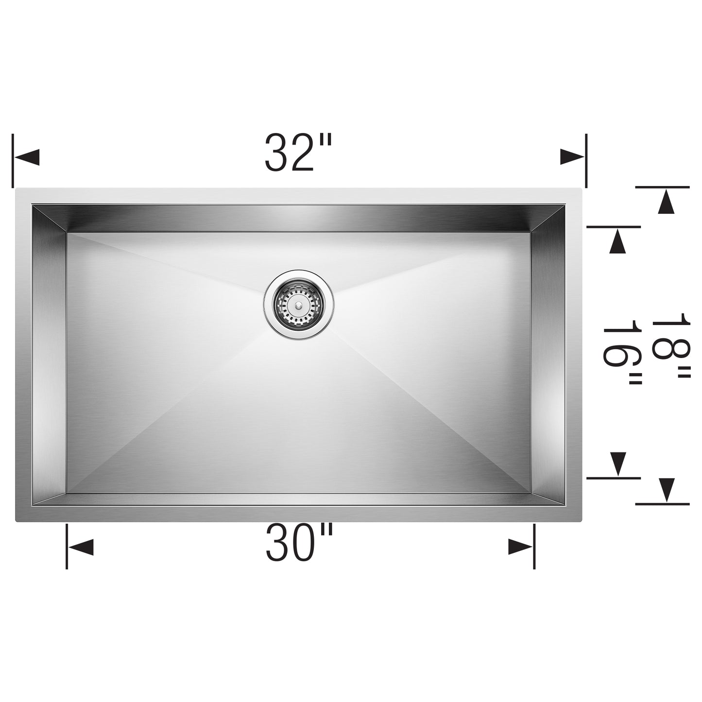 BLANCO Precision R0 32" Super Single Bowl Undermount Stainless Steel Kitchen Sink dimensions with 32" x 30" measurement.