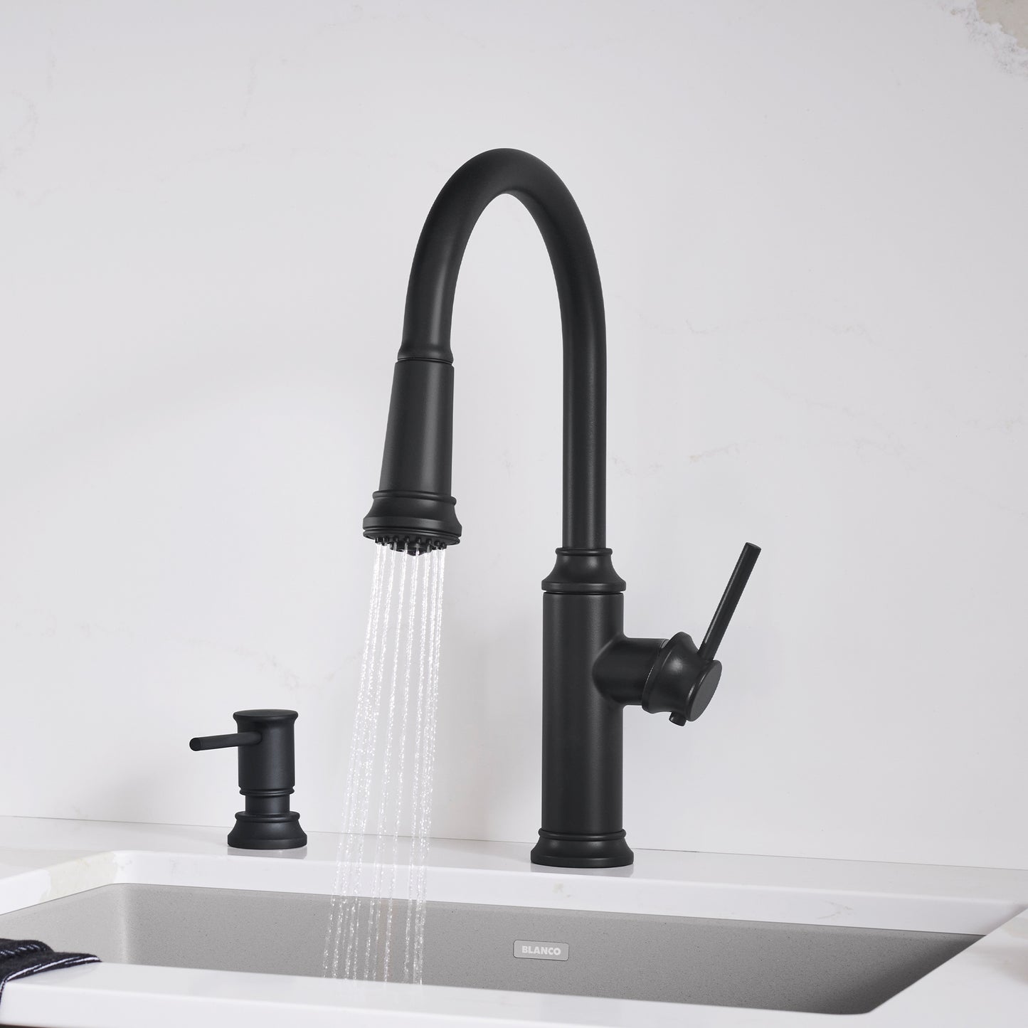 BLANCO Empressa High Arc Pull-Down Dual-Spray Kitchen Faucet in black with dual spray functionality.