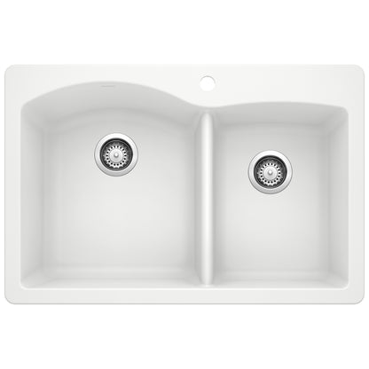 BLANCO Diamond SILGRANIT 33" 60/40 Double Bowl Dual Mount Kitchen Sink with two bowls and a sleek design.