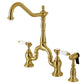 Kingston KS7753BPLBS Bel-Air Bridge Kitchen Faucet with Brass Sprayer, Antique Brass and white porcelain levers