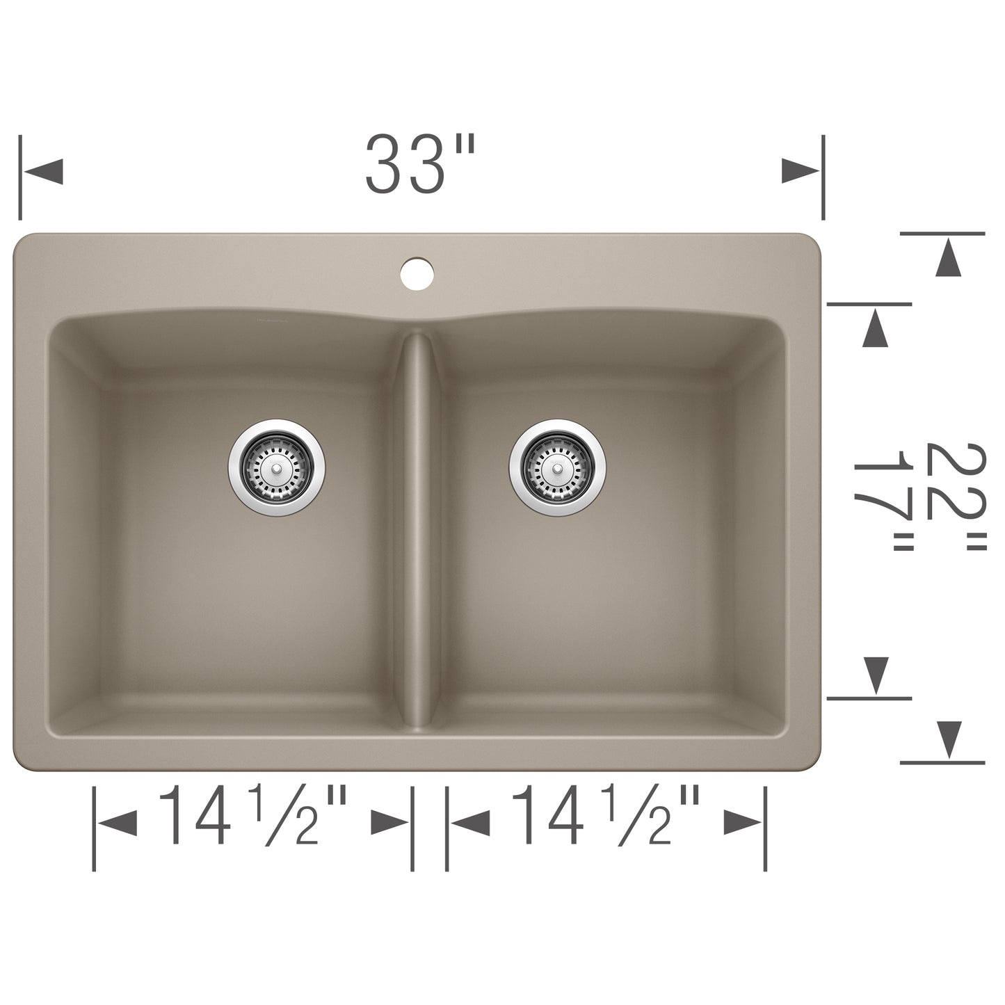 BLANCO Diamond SILGRANIT 33" 50/50 Double Bowl Dual Mount Kitchen Sink dimensions and configuration.