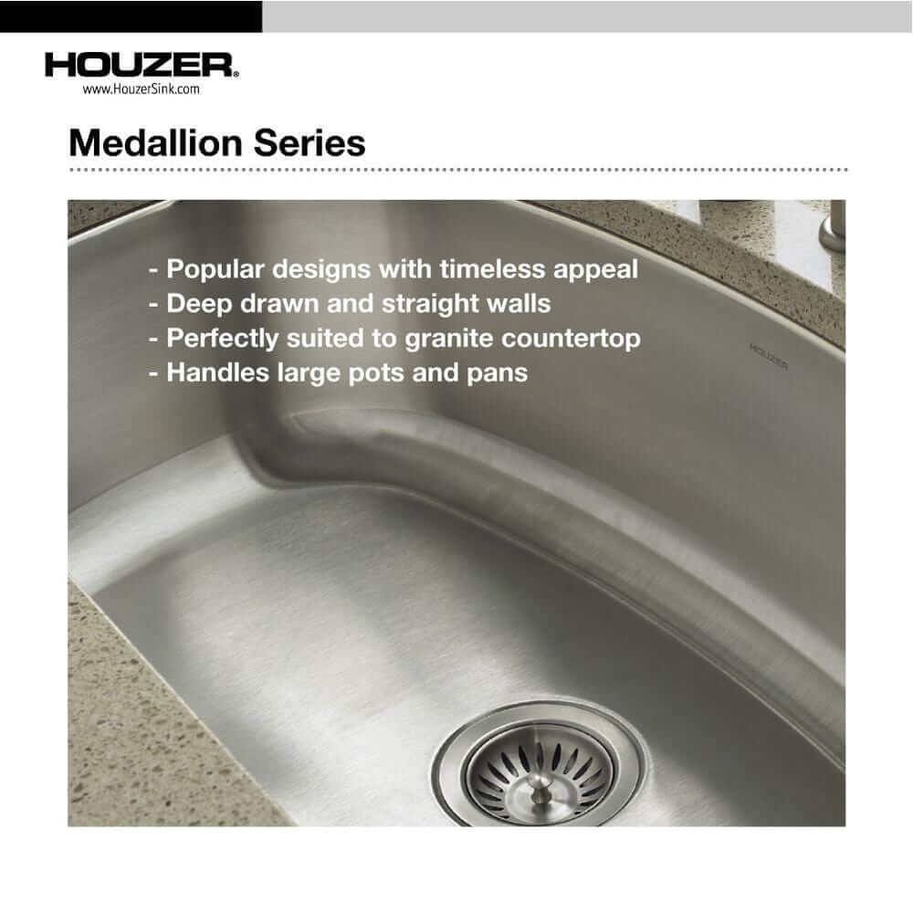 Houzer 40" Stainless Steel Undermount Triple Bowl Kitchen Sink, MGT-4120-1 close-up with deep drawn walls and granite countertop.