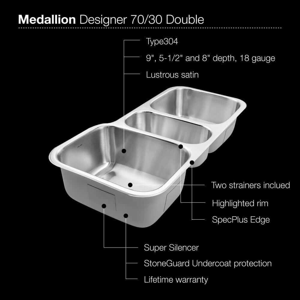 Houzer 40" Stainless Steel Undermount Triple Bowl Kitchen Sink, MGT-4120-1 features Type304 material, highlighted rim, and Super Silencer.