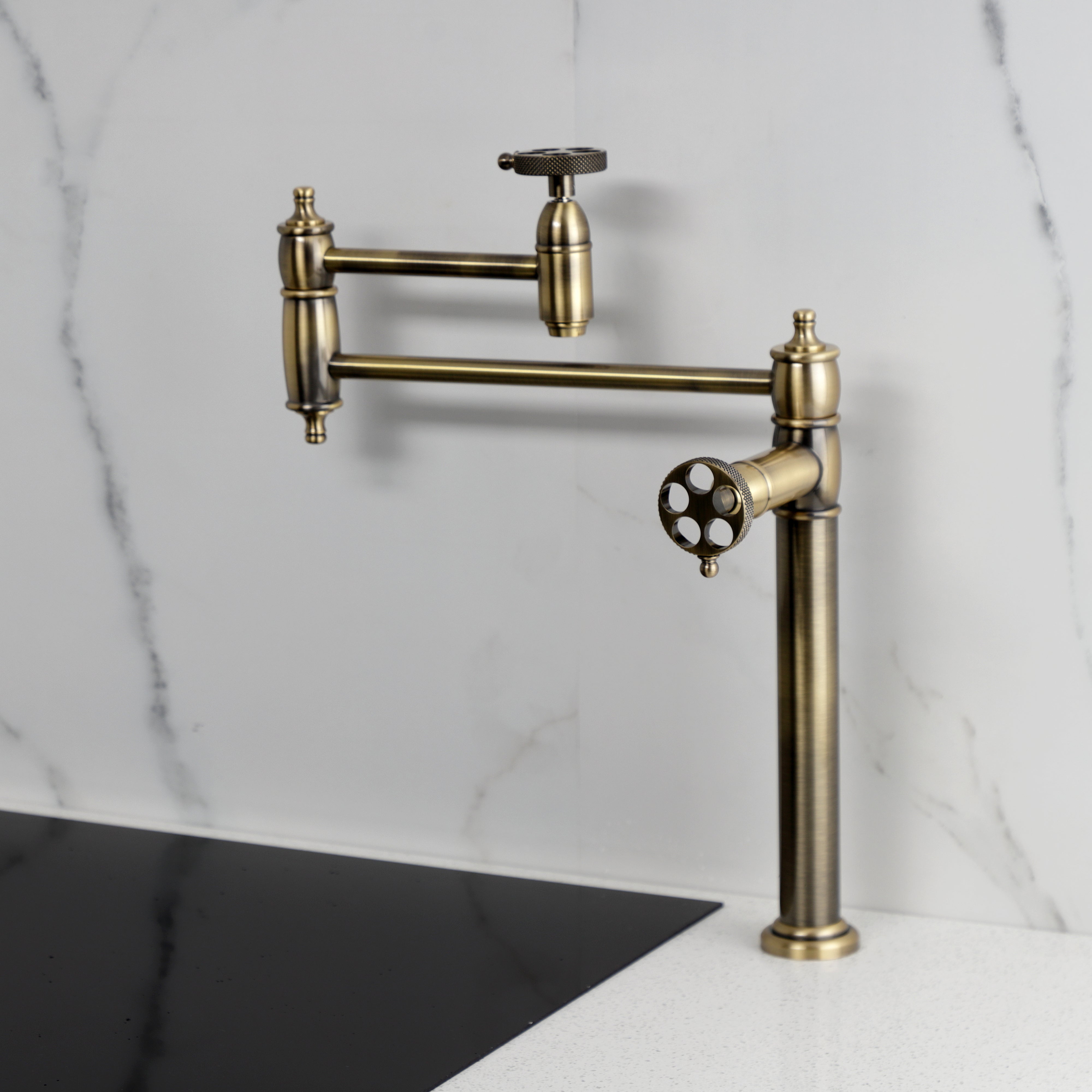 Kingston Brass KS3703RKX Webb Deck Mount Pot Filler Faucet with Knurled Handle, Antique Brass