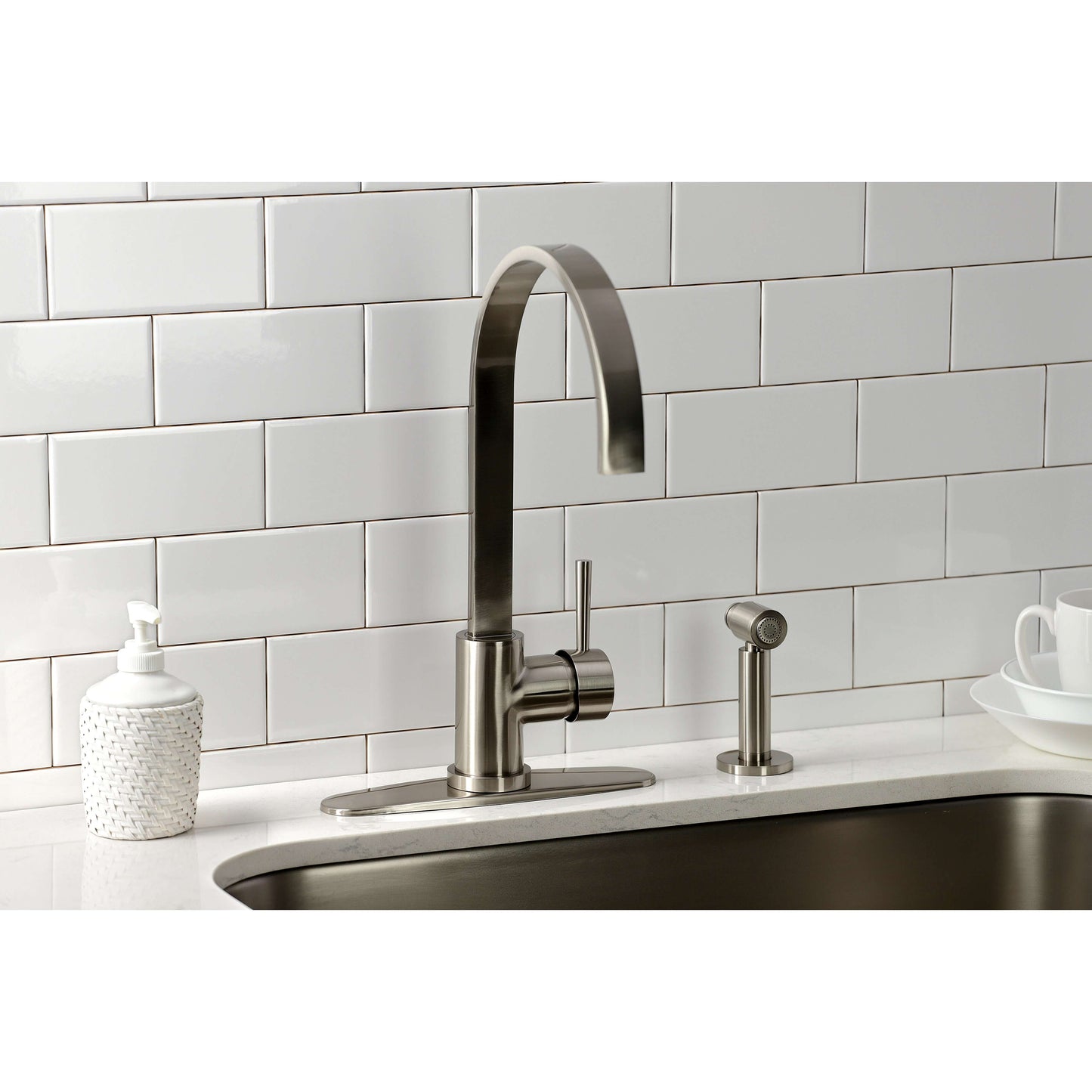 Kingston Brass LS8713DLBS Concord Kitchen Faucet with Brass Side Sprayer, right side view showcasing sleek design and functionality.