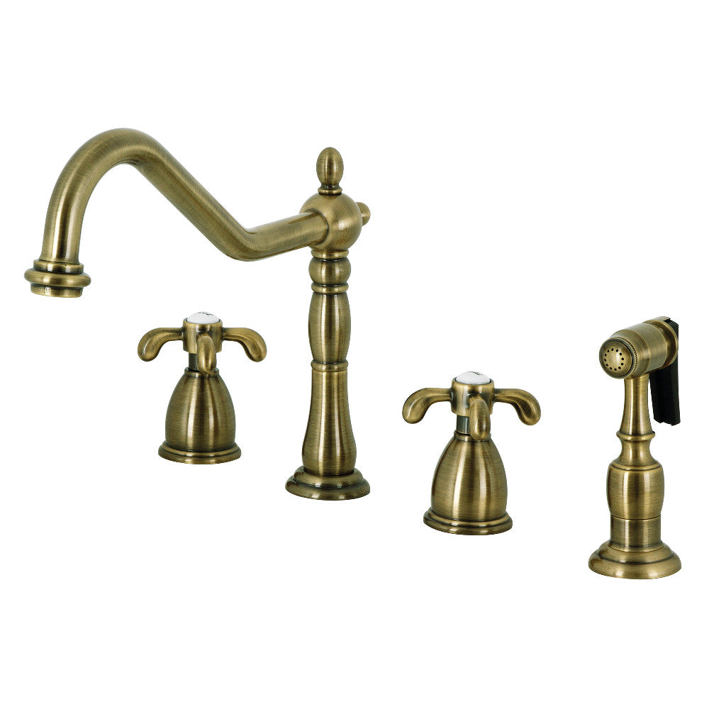 Kingston Brass KB1793TXBS French Country Double-Handle Widespread Kitchen Faucet with Brass Sprayer, Antique Brass