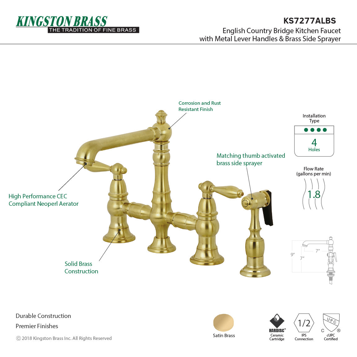 Kingston KS7277ALBS English Country Bridge Kitchen Faucet with Brass Sprayer, Brushed Brass features and specifications.