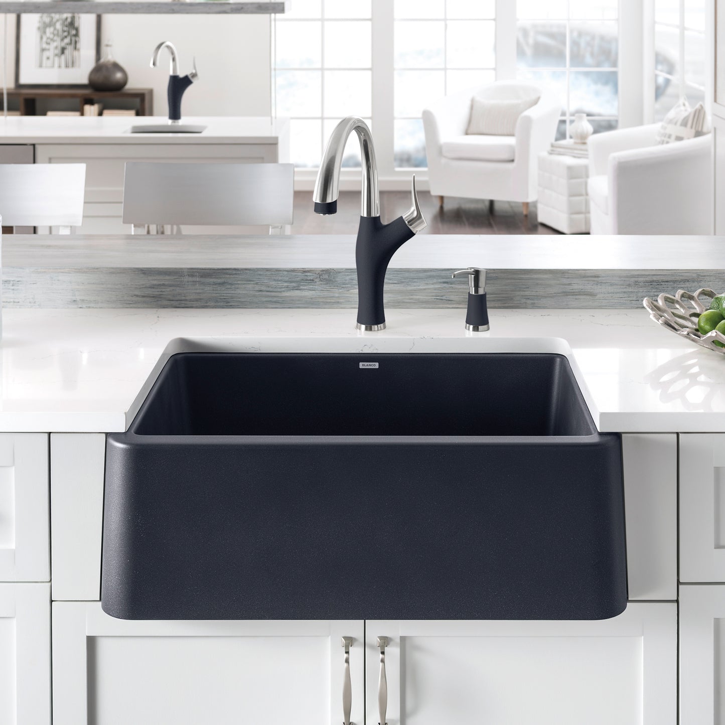 BLANCO Ikon SILGRANIT 30" Single Bowl Apron-Front Farmhouse Sink displayed in a modern kitchen setting.