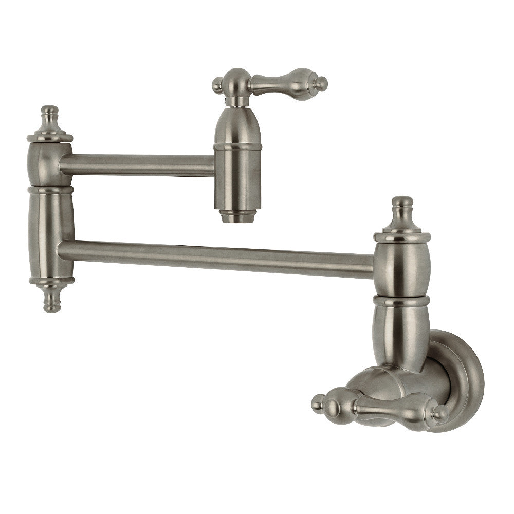 Kingston Brass KS3103AL Restoration Wall Mount Pot Filler Faucet, Antique Brass with brushed nickel finish.