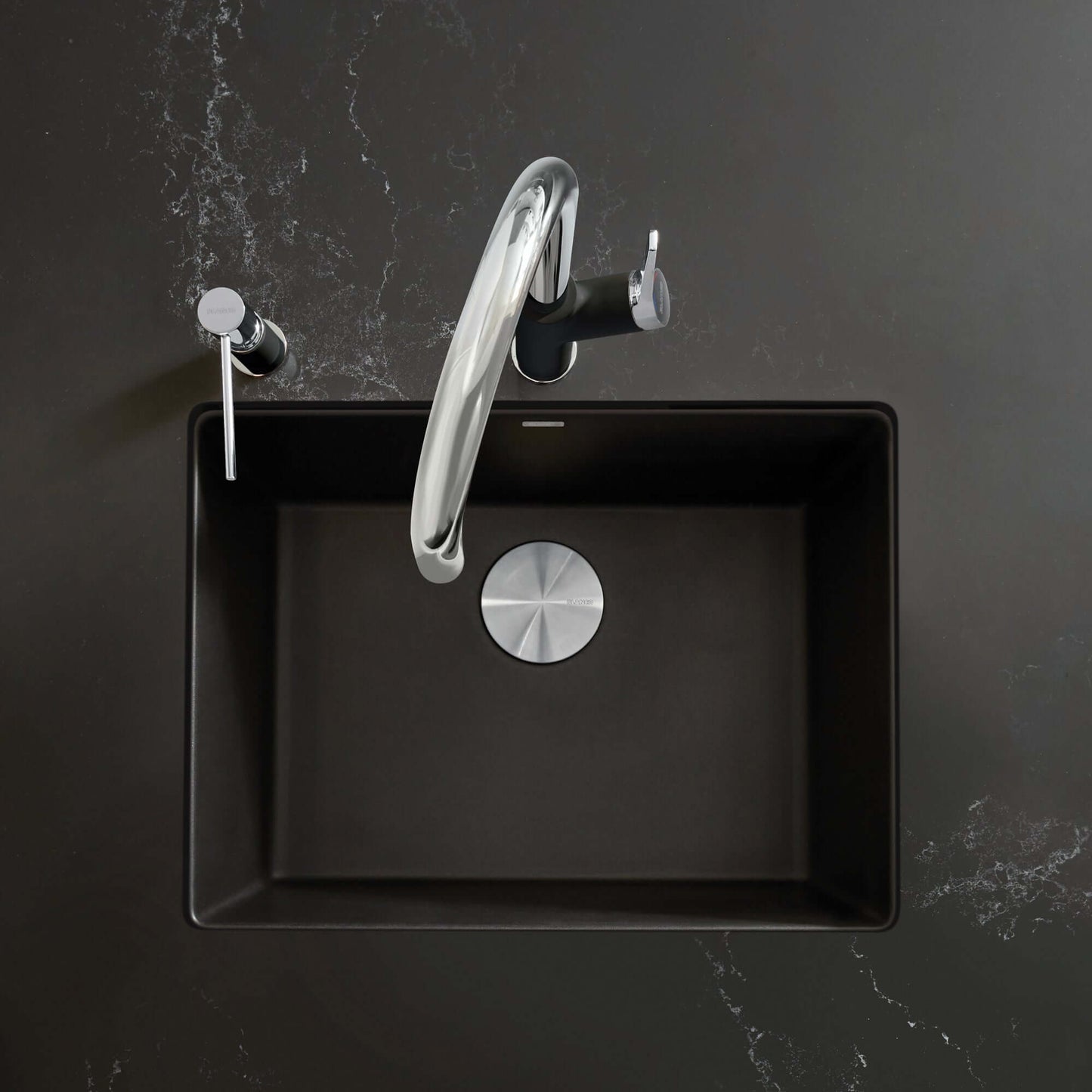 BLANCO PRECIS 24" SILGRANIT Compact Undermount Sink with modern faucet on dark countertop