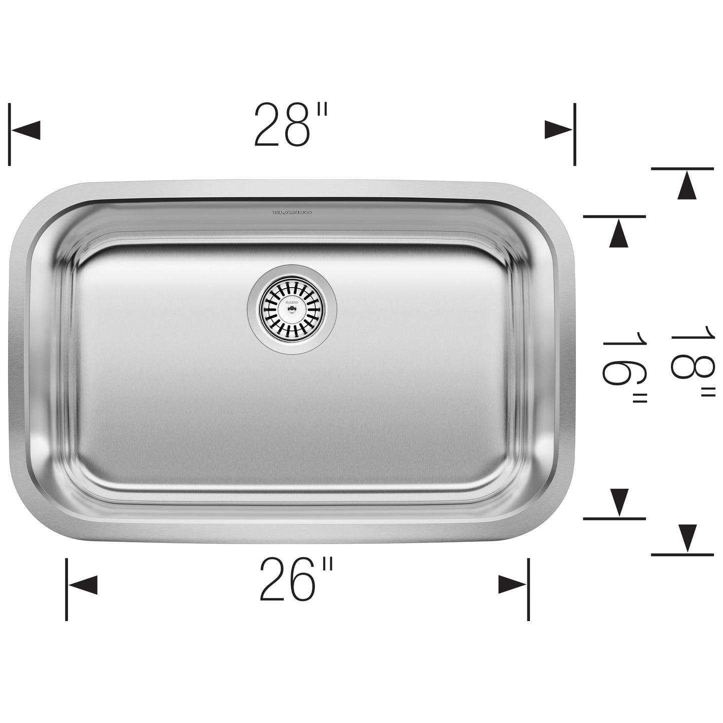 BLANCO Stellar 28" Single Bowl Undermount Stainless Steel ADA Kitchen Sink dimensions 28x26 inches