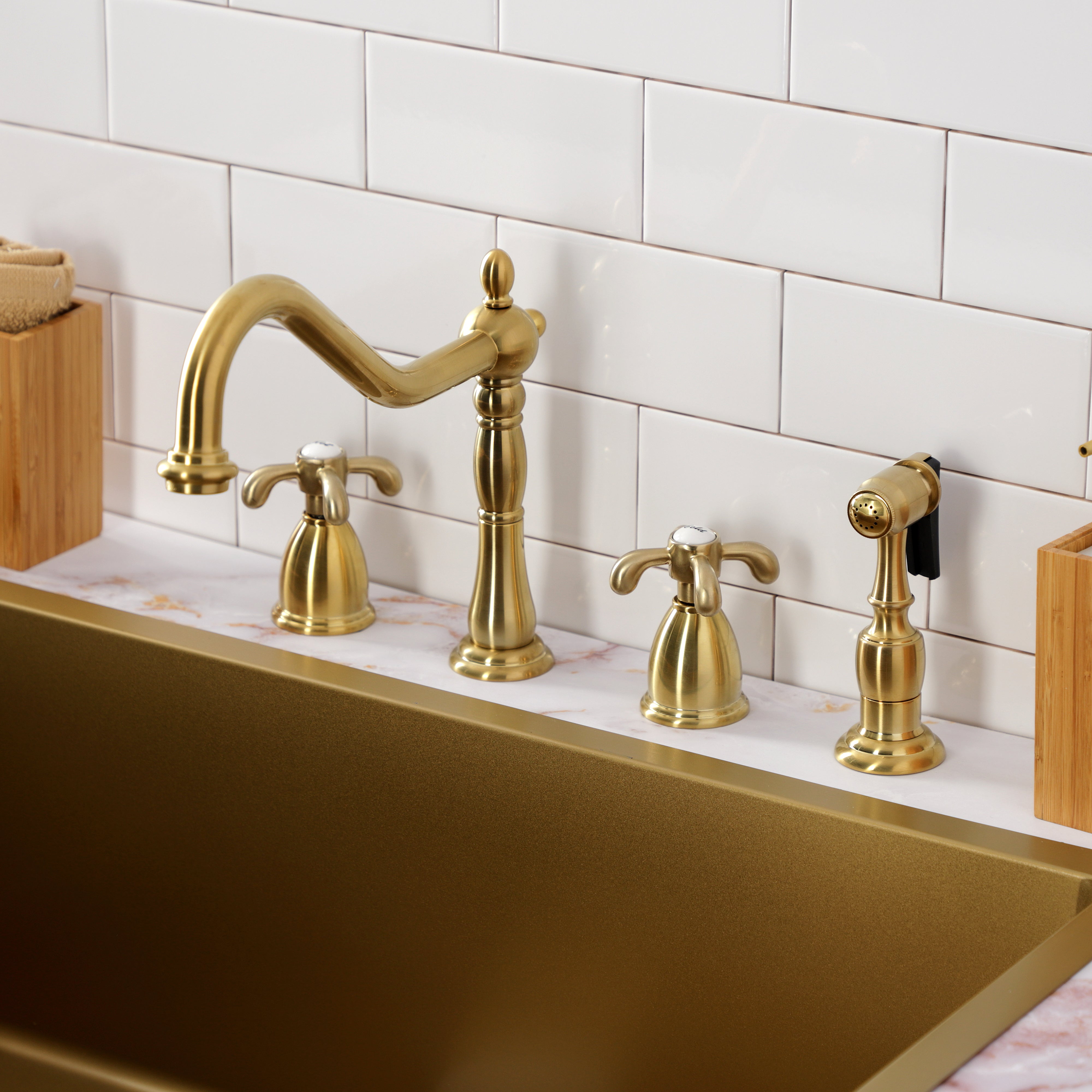Kingston Brass KB1793TXBS French Country Double-Handle Widespread Kitchen Faucet with Brass Sprayer, Antique Brass