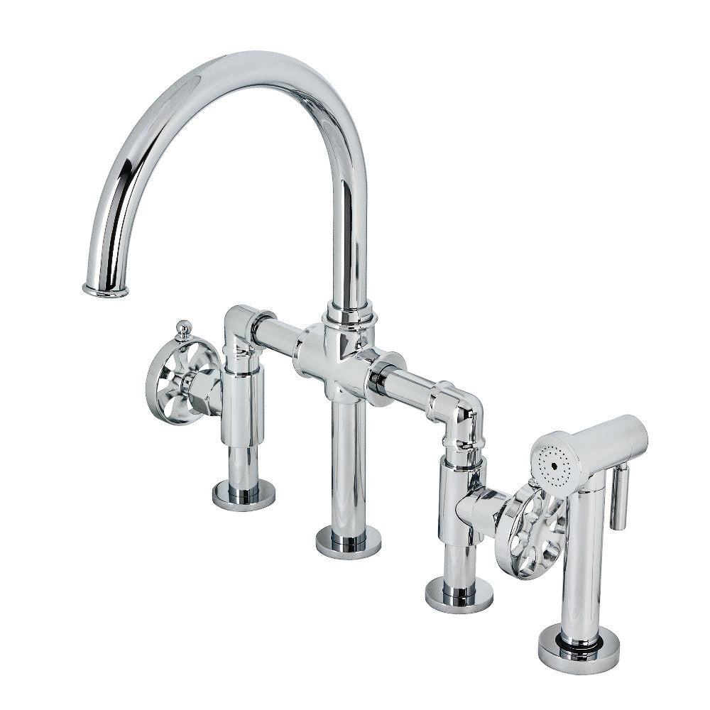 Kingston KS2333RX Belknap Industrial Style Bridge Kitchen Faucet with Brass Sprayer, Antique Brass - polished chrome finish