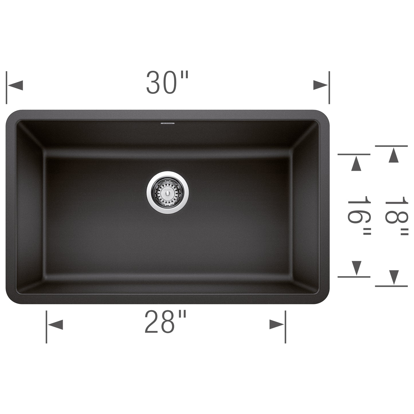 BLANCO Precis SILGRANIT 30" Single Bowl Undermount Kitchen Sink dimensions with clean lines and professional-grade design.