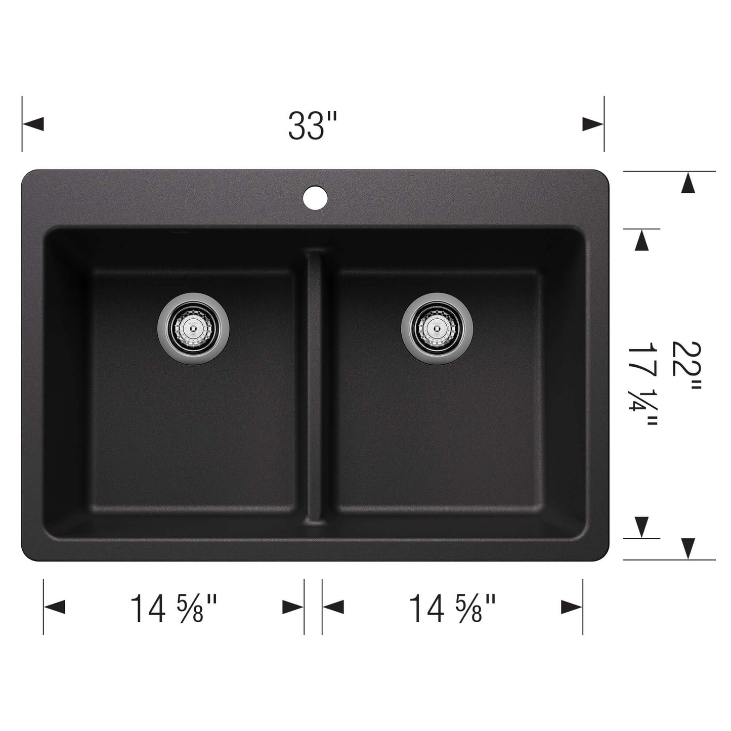BLANCO Liven SILGRANIT 33" 50/50 Double Bowl Dual Mount Kitchen Sink with Low Divide - top view with dimensions