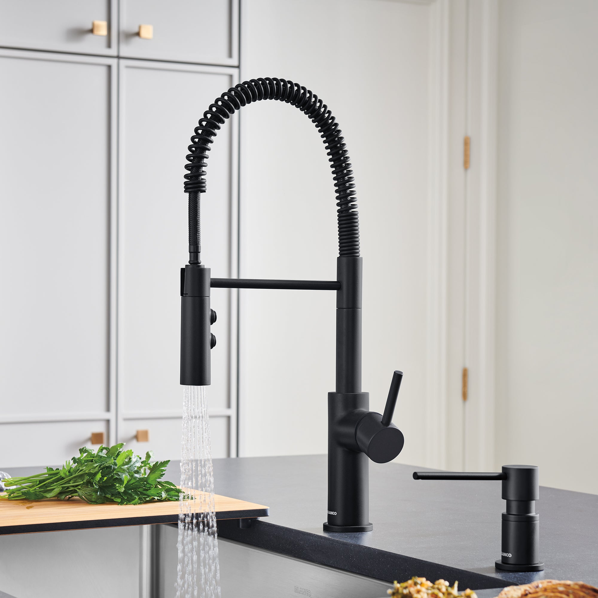 BLANCO Catris Semi-Pro Pull-Down Dual-Spray Kitchen Faucet in sleek black finish with spring-coil design.