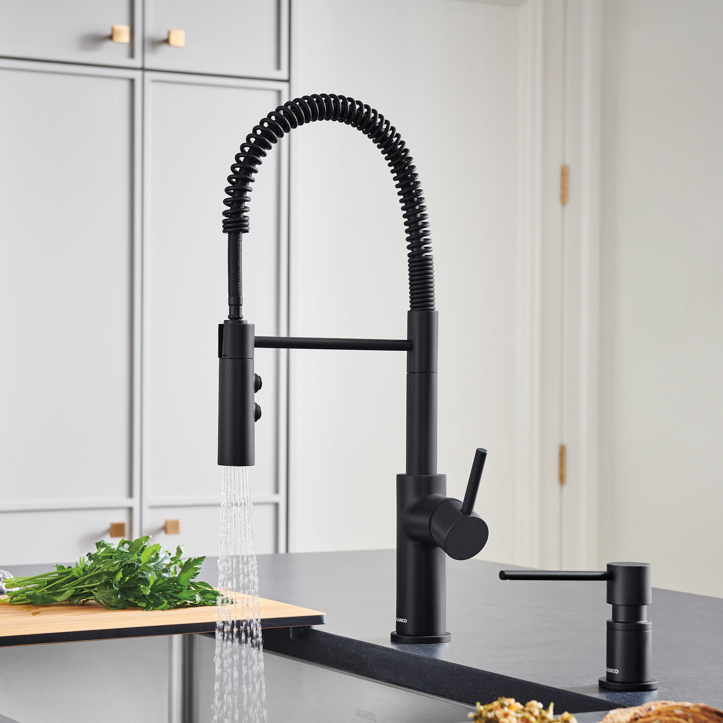 BLANCO Catris Semi-Pro Pull-Down Dual-Spray Kitchen Faucet in sleek black finish with spring-coil design.