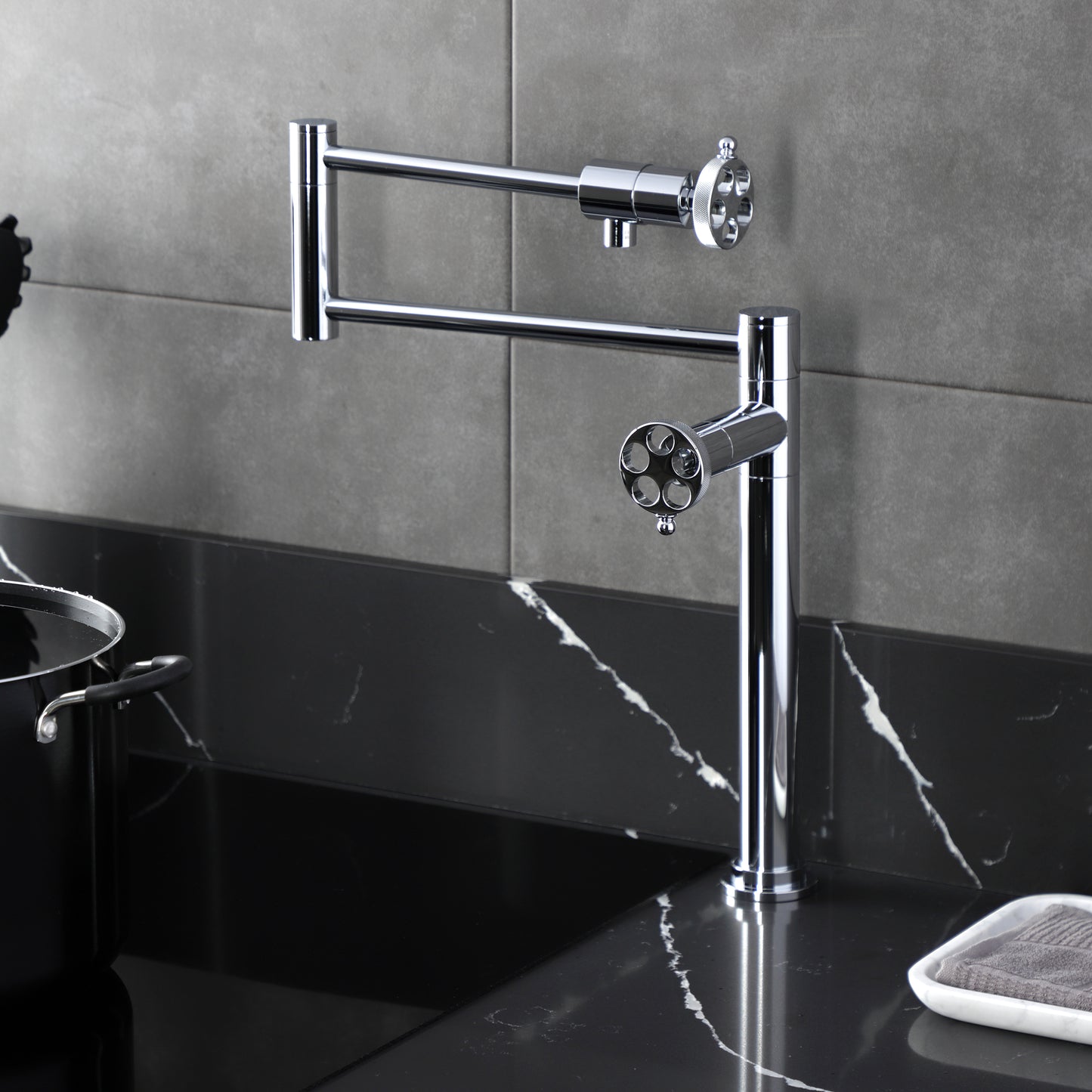 Kingston Brass KS4703RKZ Wendell Deck Mount Pot Filler Faucet with Knurled Handle, Antique Brass installed in a modern kitchen.