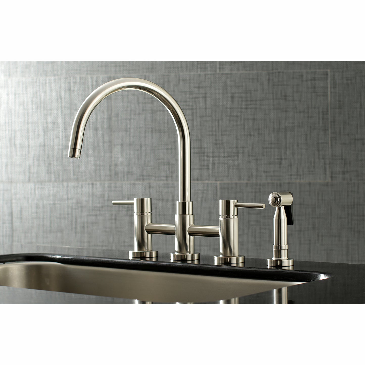 Kingston KS8278DLBS Concord Bridge Kitchen Faucet with Brass Sprayer, Brushed Nickel installed in modern kitchen.
