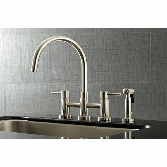 Kingston KS8278DLBS Concord Bridge Kitchen Faucet with Brass Sprayer, Brushed Nickel installed in modern kitchen.