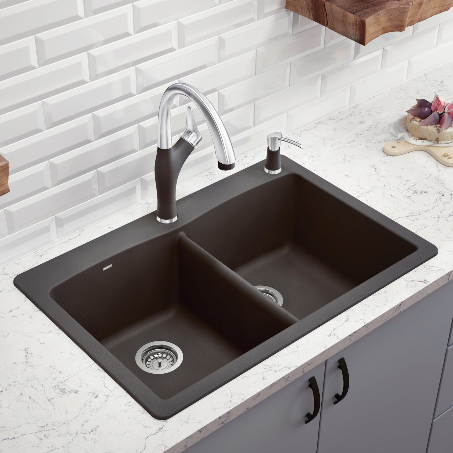 BLANCO Diamond SILGRANIT 33" 50/50 Double Bowl Dual Mount Kitchen Sink with modern faucet