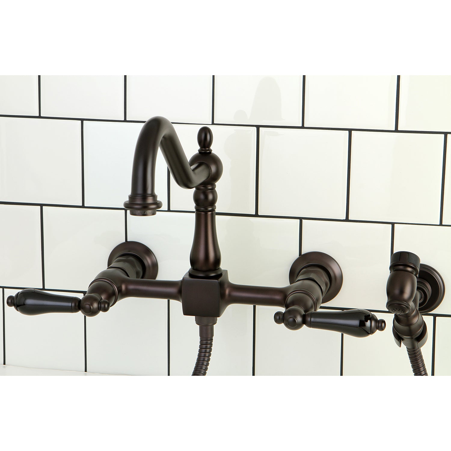 Kingston KS1243PKLBS Duchess Two-Handle Wall Mount Bridge Kitchen Faucet with Brass Sprayer, Antique Brass