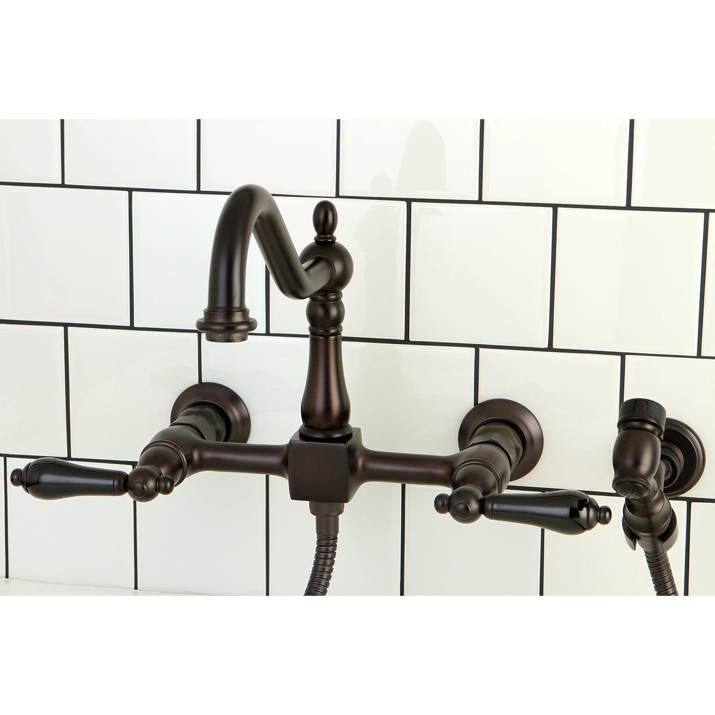 Kingston KS1243PKLBS Duchess Two-Handle Wall Mount Bridge Kitchen Faucet with Brass Sprayer, Antique Brass