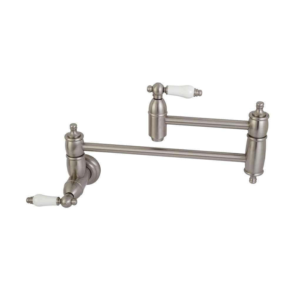 Kingston Brass KS3103PL Restoration Wall Mount Pot Filler Faucet, Antique Brass in brushed nickel finish with swing arms.