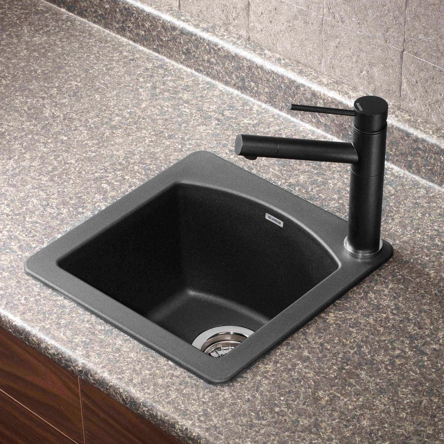 BLANCO Diamond SILGRANIT 15" Dual Mount Bar Sink showcasing a modern faucet and granite countertop design.