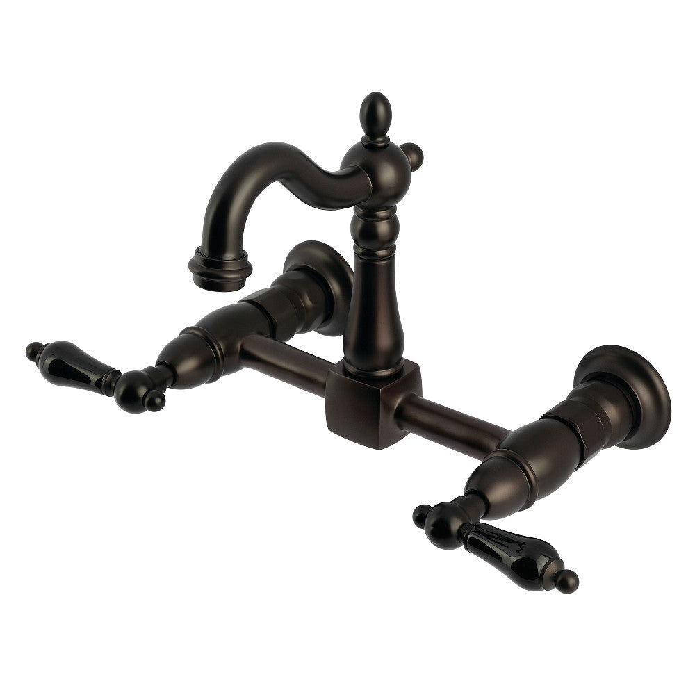 Kingston KS2443PKL Duchess Two-Handle Wall Mount Bridge Kitchen Faucet, Antique Brass with oil rubbed bronze finish.