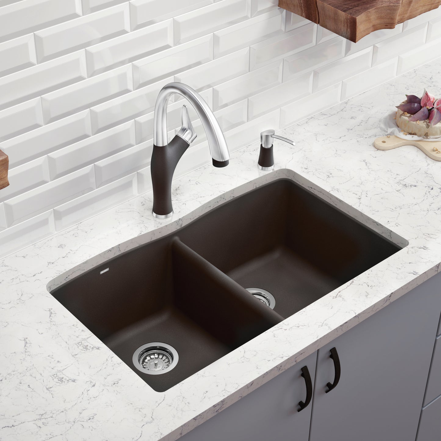 BLANCO Diamond SILGRANIT 33" 50/50 Double Bowl Dual Mount Kitchen Sink with modern faucet and marble countertop.