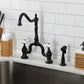 Kingston KS7758PXBS English Country Bridge Kitchen Faucet with Brass Sprayer, Brushed Nickel in traditional design.