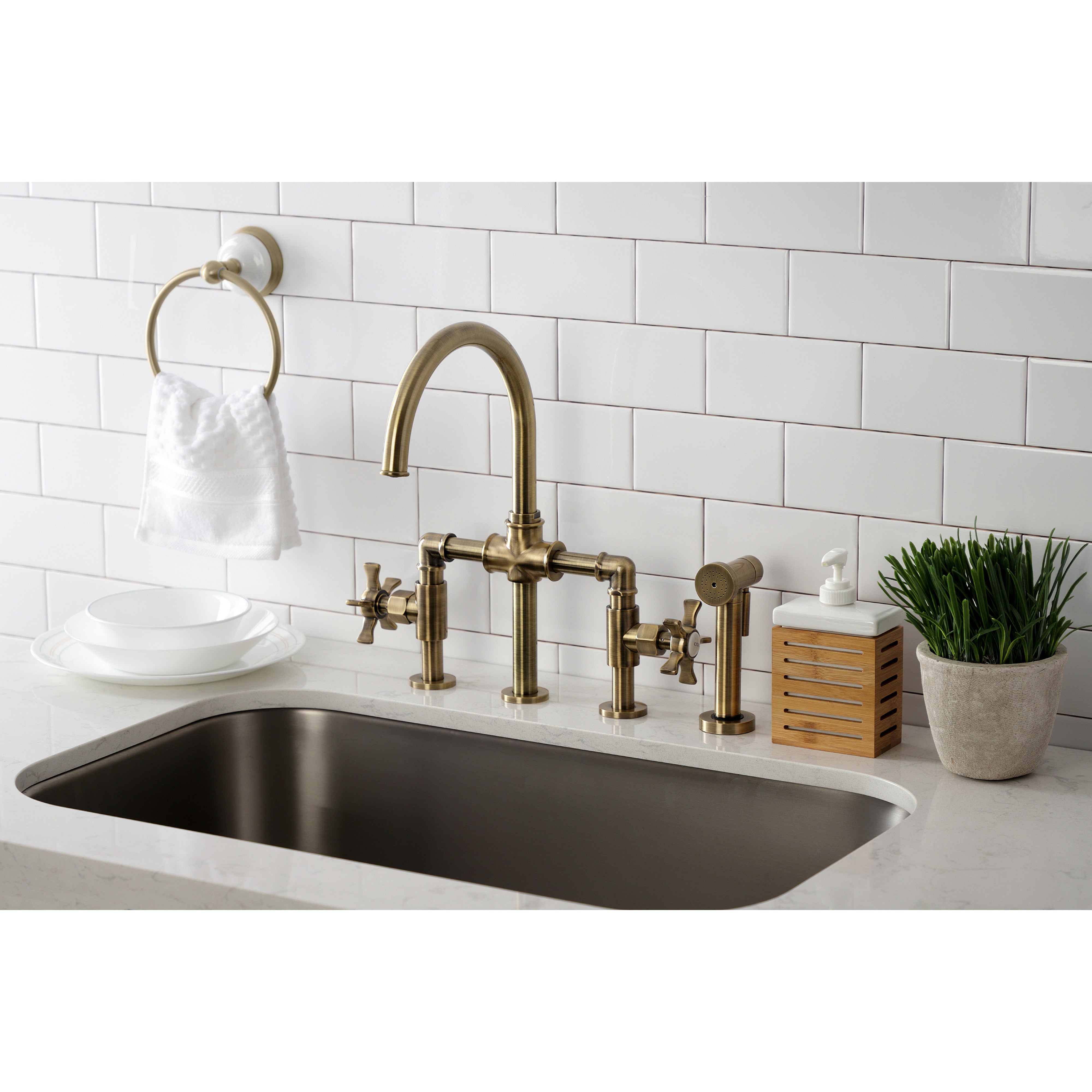 Kingston KS2333NX Hamilton Industrial Style Bridge Kitchen Faucet with Brass Sprayer, Antique Brass