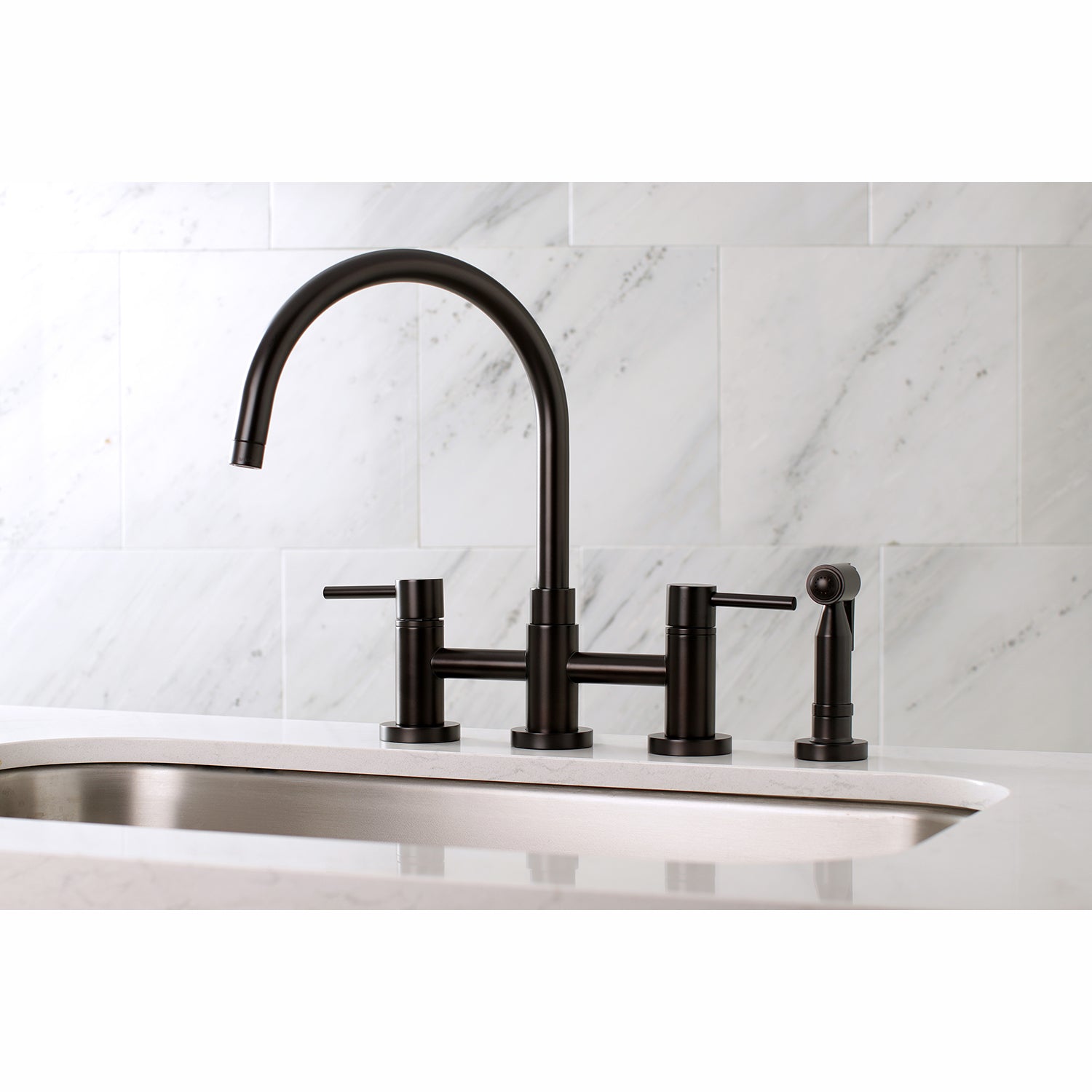 Kingston KS8278DLBS Concord Bridge Kitchen Faucet with Brass Sprayer, Brushed Nickel in modern kitchen design