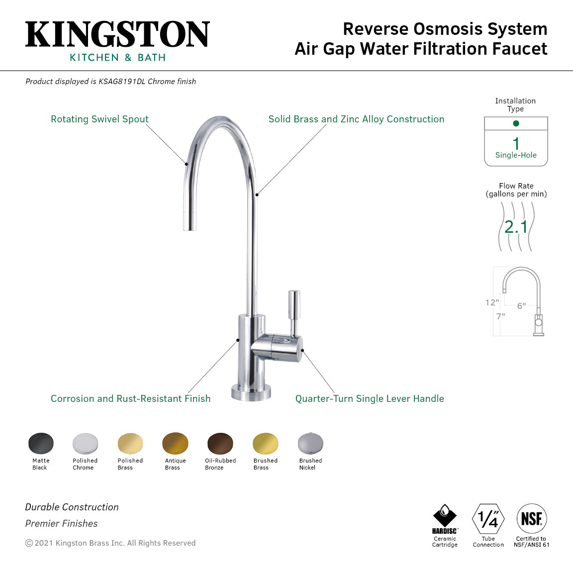 Kingston Brass KSAG8193DL Concord Reverse Osmosis System Filtration Water Air Gap Faucet, Antique Brass